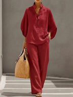 Women’s Batwing Sleeve Linen Cotton Two-Piece Set – Casual Shirt & Wide Leg Pants Outfit (Plus Size Friendly)