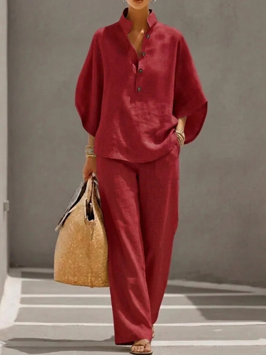 Women’s Batwing Sleeve Linen Cotton Two-Piece Set – Casual Shirt & Wide Leg Pants Outfit (Plus Size Friendly)