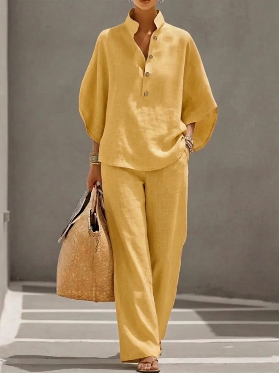 Women’s Batwing Sleeve Linen Cotton Two-Piece Set – Casual Shirt & Wide Leg Pants Outfit (Plus Size Friendly)