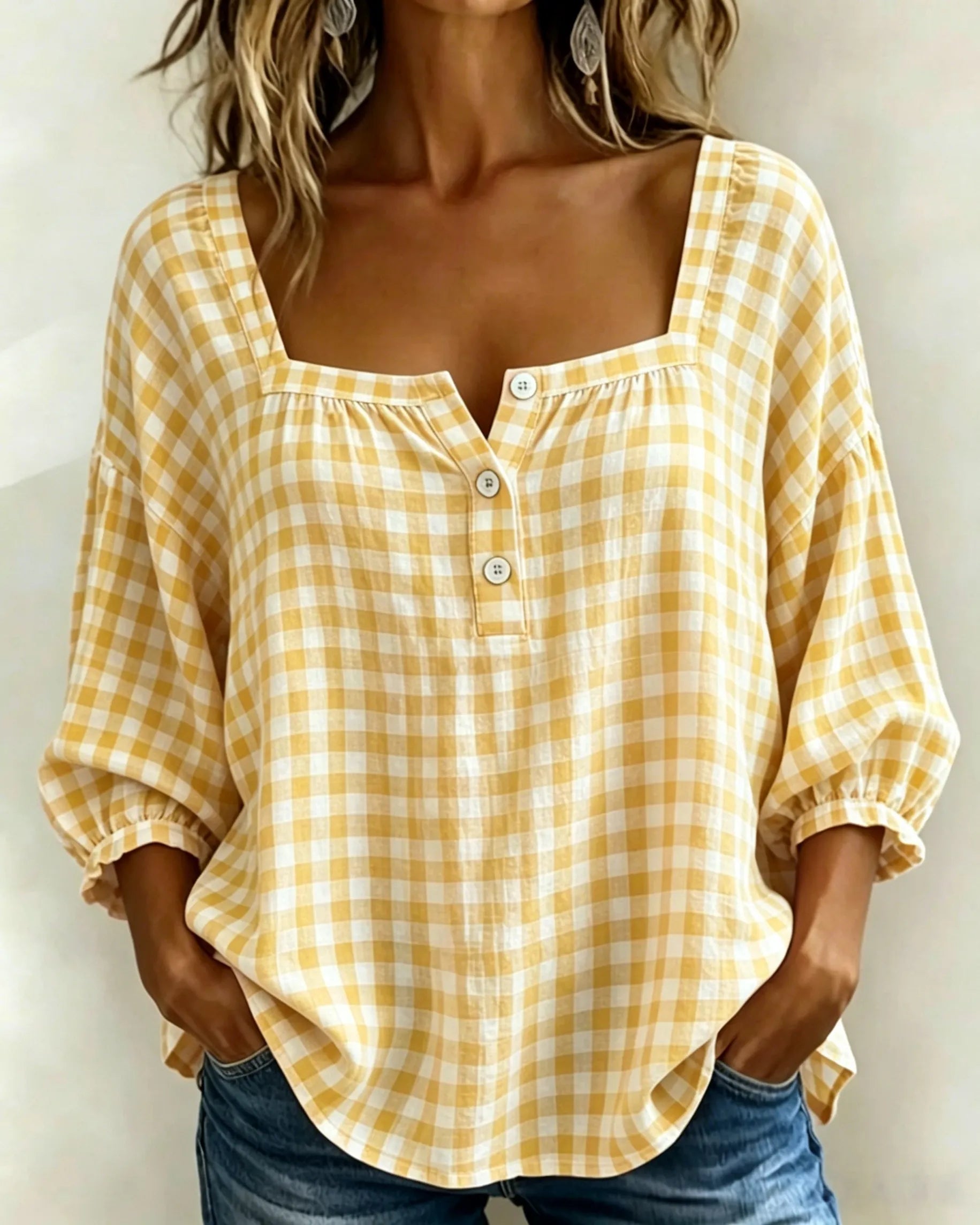 🌸Today 49% OFF🌸Women’s Cotton Linen Gingham Square-Neck Short-Sleeve Top