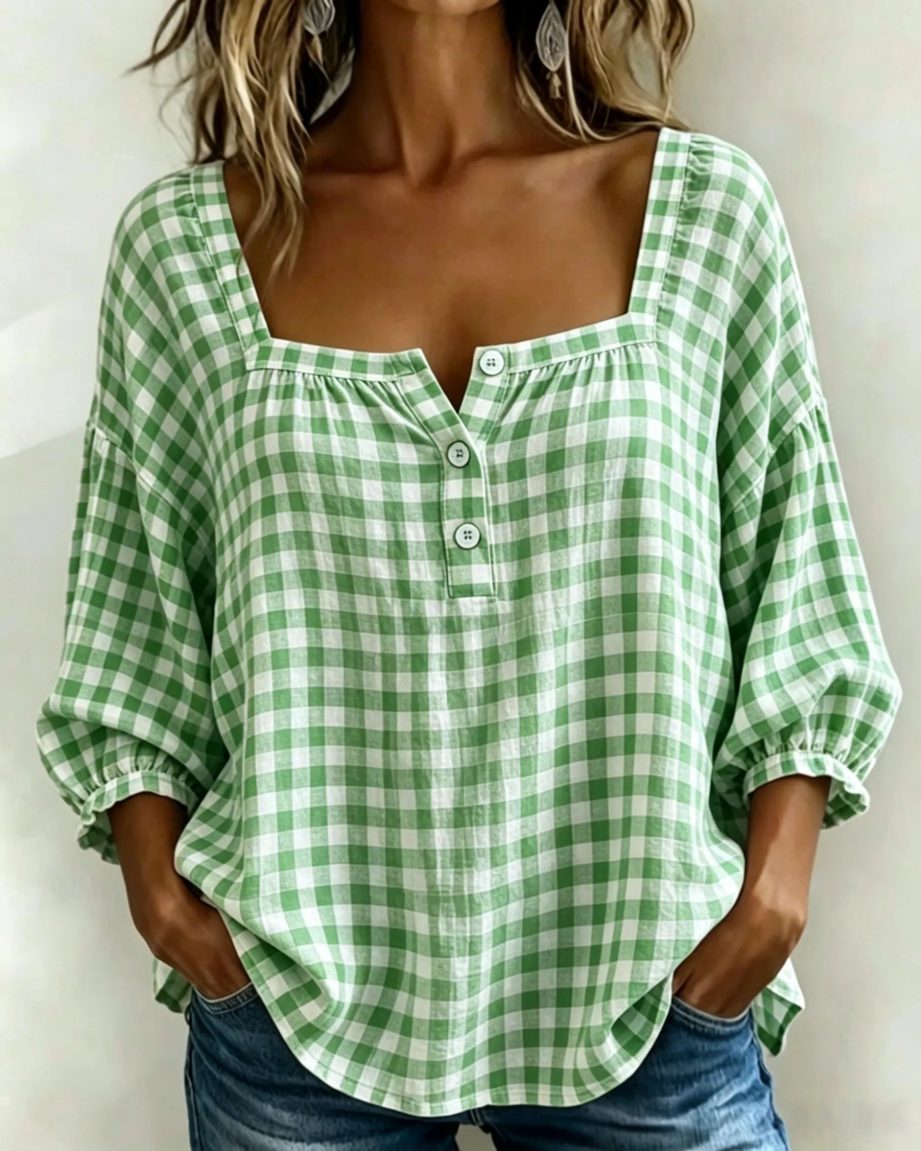 🌸Today 49% OFF🌸Women’s Cotton Linen Gingham Square-Neck Short-Sleeve Top