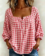 🌸Today 49% OFF🌸Women’s Cotton Linen Gingham Square-Neck Short-Sleeve Top