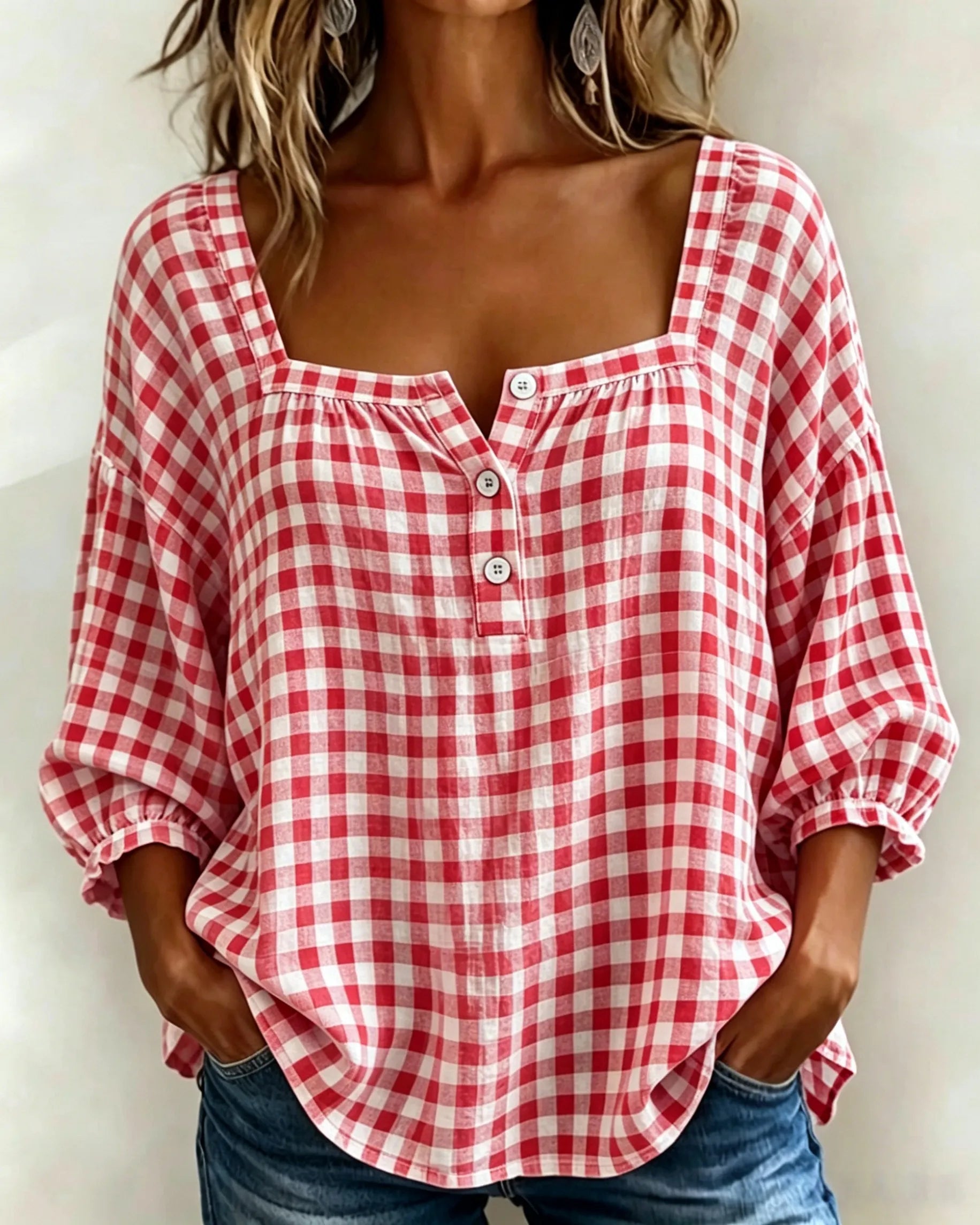 🌸Today 49% OFF🌸Women’s Cotton Linen Gingham Square-Neck Short-Sleeve Top