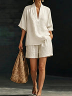 💝💝Women's Minimalist Cozy V-neck Shirt And Shorts Linen Cotton Two-piece Set