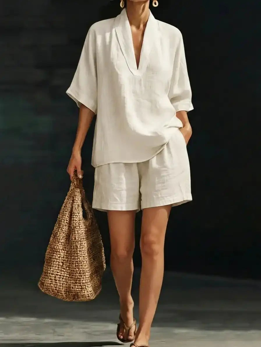 💝💝Women's Minimalist Cozy V-neck Shirt And Shorts Linen Cotton Two-piece Set