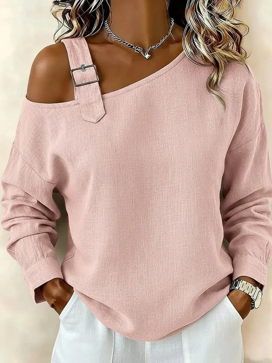 Pink off-shoulder long sleeve top with buckle detail, relaxed fit for mature women