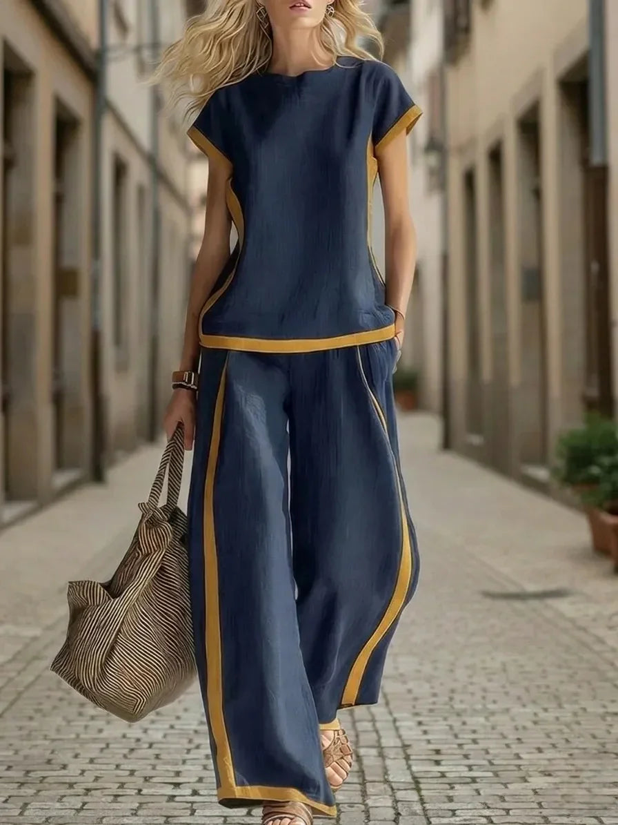 Navy blue plus size linen pantsuit with gold trim, relaxed fit for mature women, stylish streetwear
