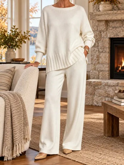 Women's Soft Knit Lounge Set - Relaxed Sweater & Wide-Leg Pants