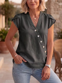 Clearance Sale🔥 Summer Chic Asymmetric V-Neck Linen Top - Breathable Short Sleeve Blouse