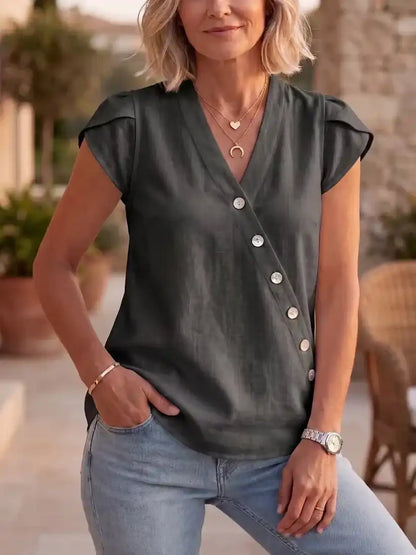 Women's Asymmetric V-Neck Linen Top