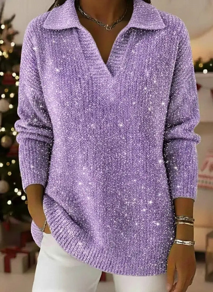 🎄 New Arrivals🔥 Christmas Party Polo Collar Shiny Loose Sweater Top