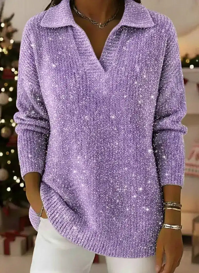 Christmas Party Polo Collar Shiny Loose Sweater Top