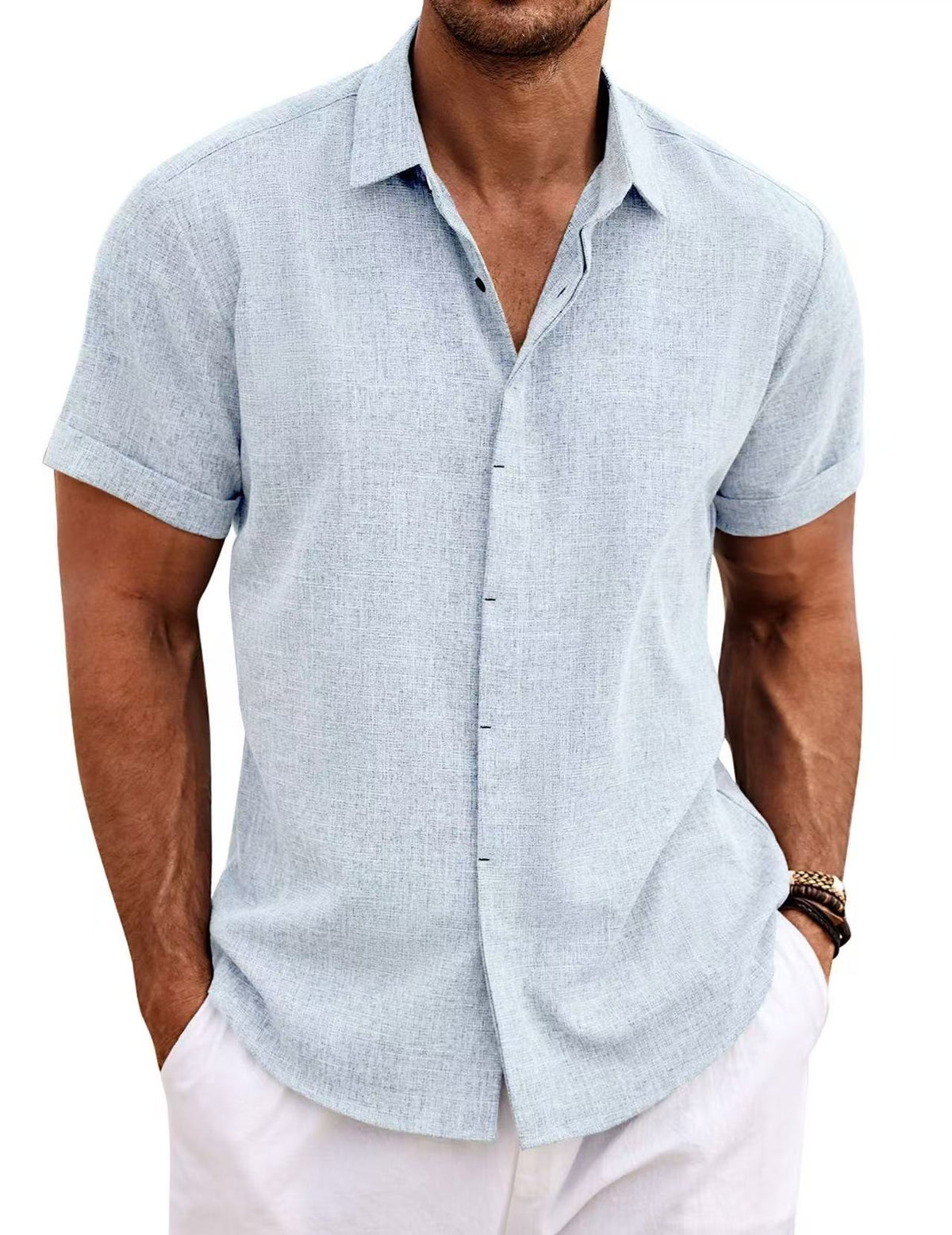 Men's Casual Short Sleeve Cotton Linen Shirt - Summer Beach Button-Down Shirt