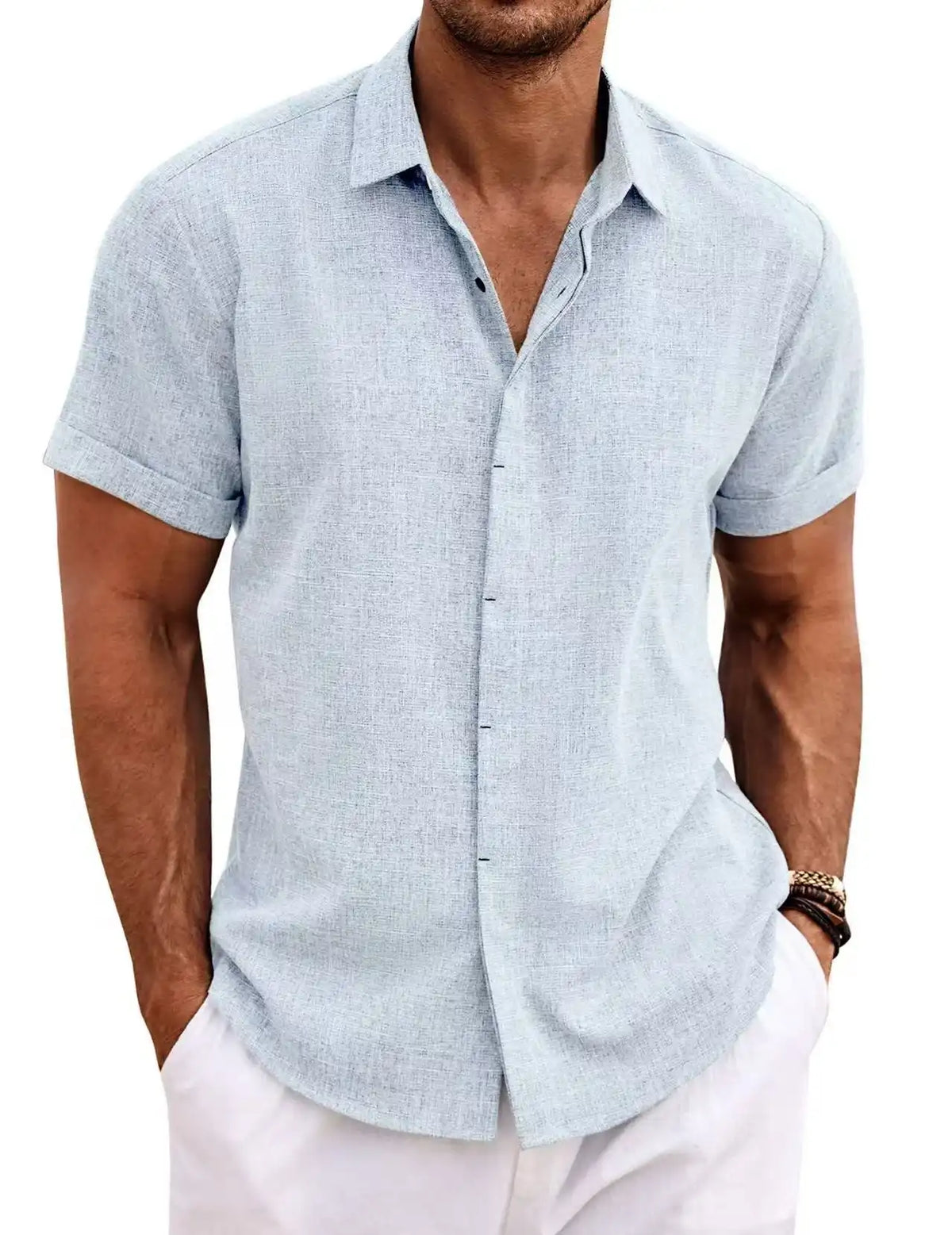 Men's Casual Short Sleeve Cotton Linen Shirt - Summer Beach Button-Down Shirt