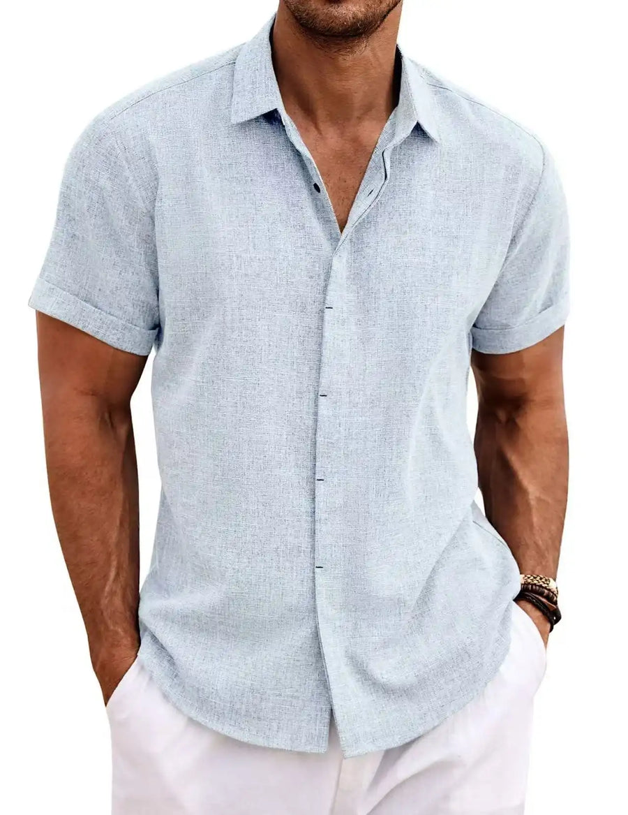 Men's Casual Short Sleeve Cotton Linen Shirt - Summer Beach Button-Down Shirt