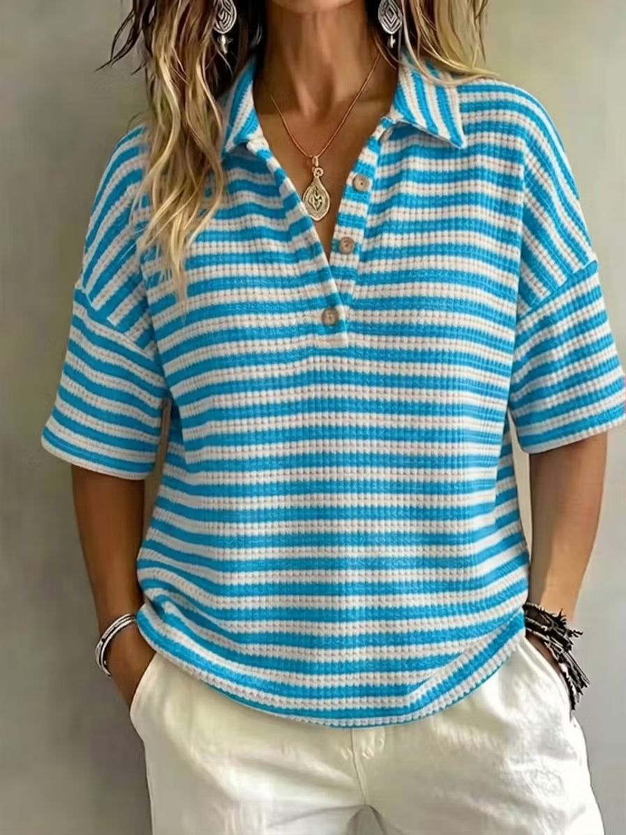 CLEARANCE SALE 49% off Women'S Fashion Striped Waffle Short-Sleeved Polo Shirt