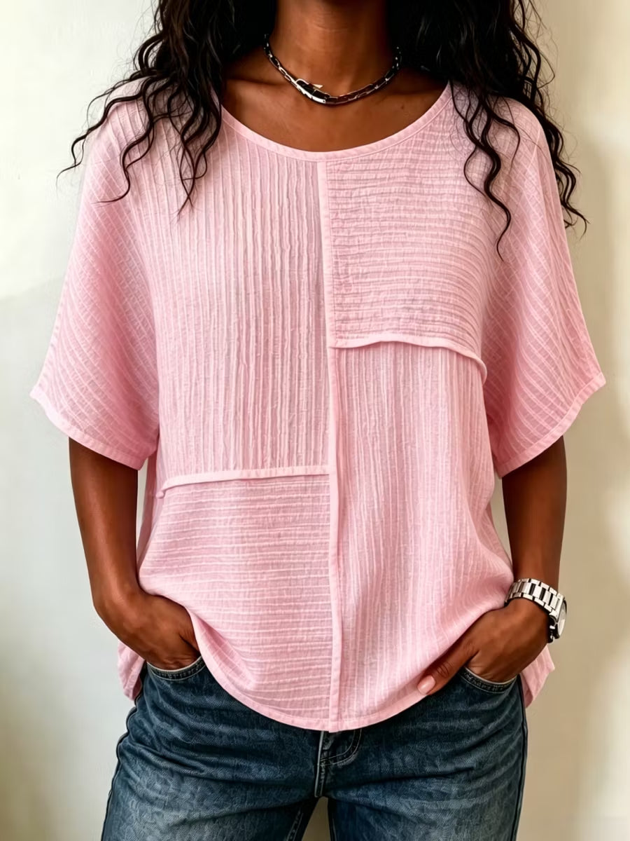 🔥 CLEARANCE SALE🔥 Women's Textured Patchwork Top with Round Neck and Short Sleeves