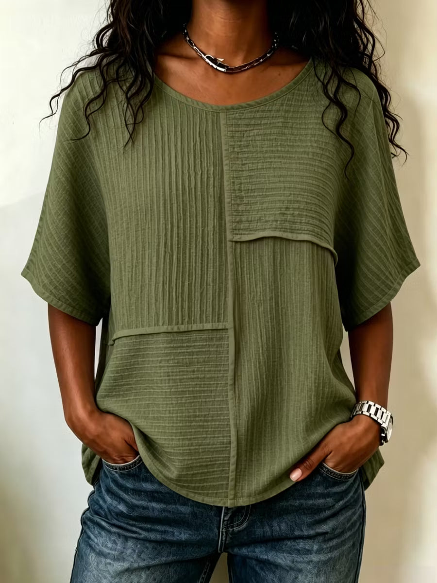 ⏰ LAST DAY SAVE 49%🔥 Women's Textured Patchwork Top with Round Neck and Short Sleeves