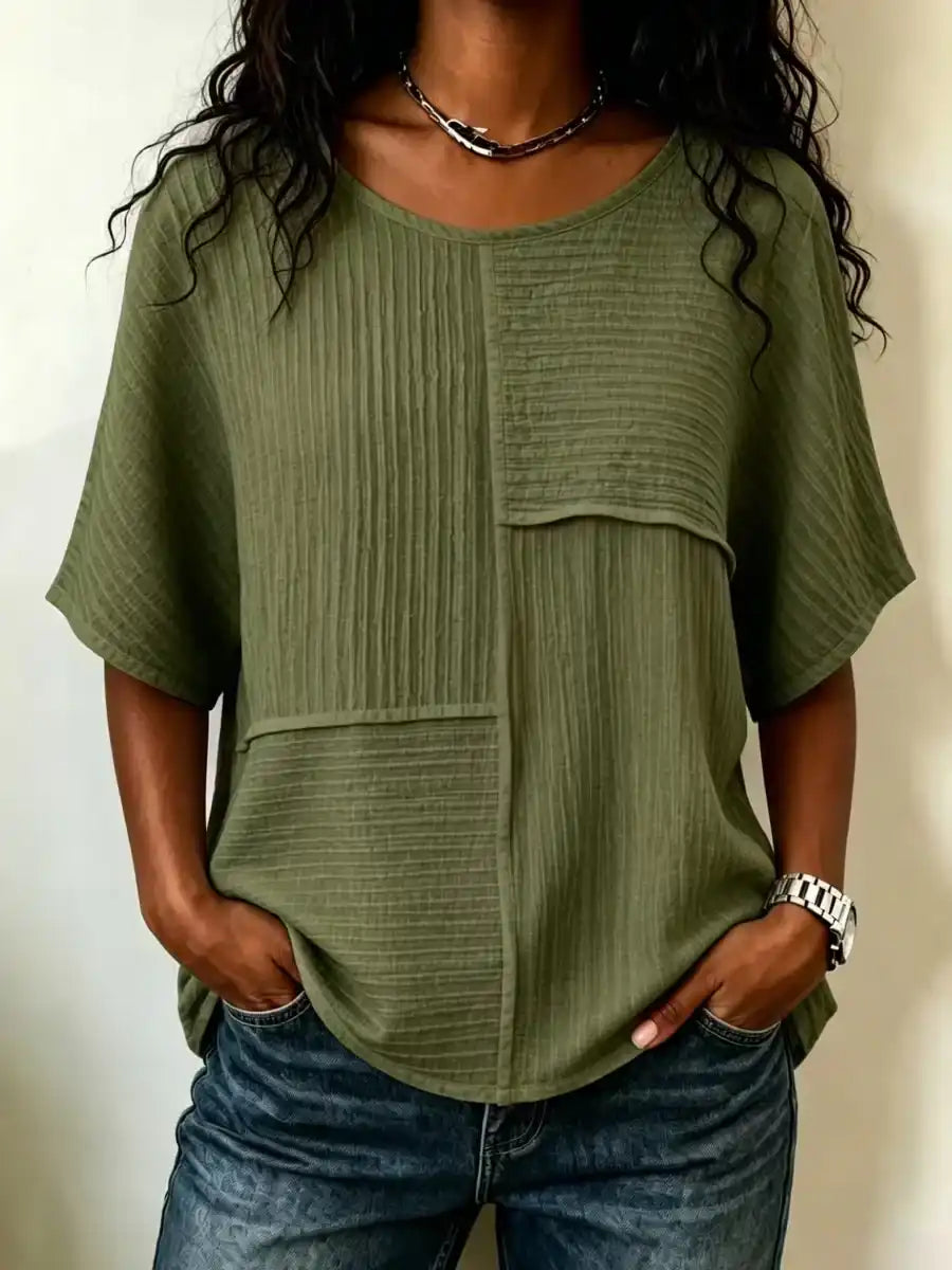 Women's Textured Patchwork Round-Neck Short-Sleeve Top, for Beach Days