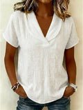 Women's Peter Pan Collar V-Neck Short-Sleeve Cotton-Linen Top