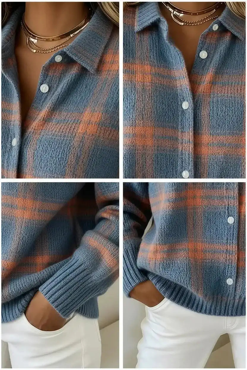 Women's Plaid Print Casual Cotton Buttoned Cardigan Sweater