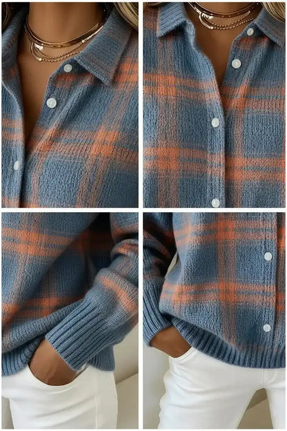 Women's Plaid Print Casual Cotton Buttoned Cardigan Sweater