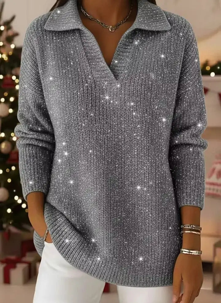 🎄 New Arrivals🔥 Christmas Party Polo Collar Shiny Loose Sweater Top