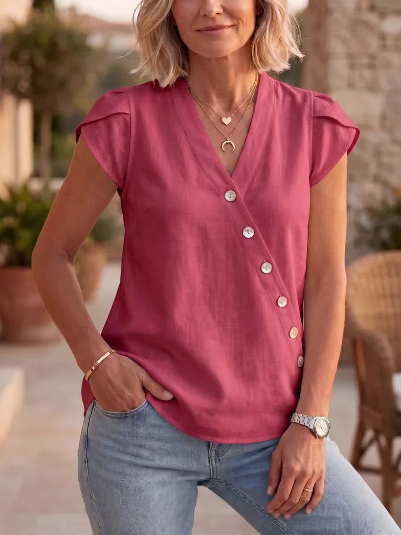 Clearance Sale🔥 Summer Chic Asymmetric V-Neck Linen Top - Breathable Short Sleeve Blouse