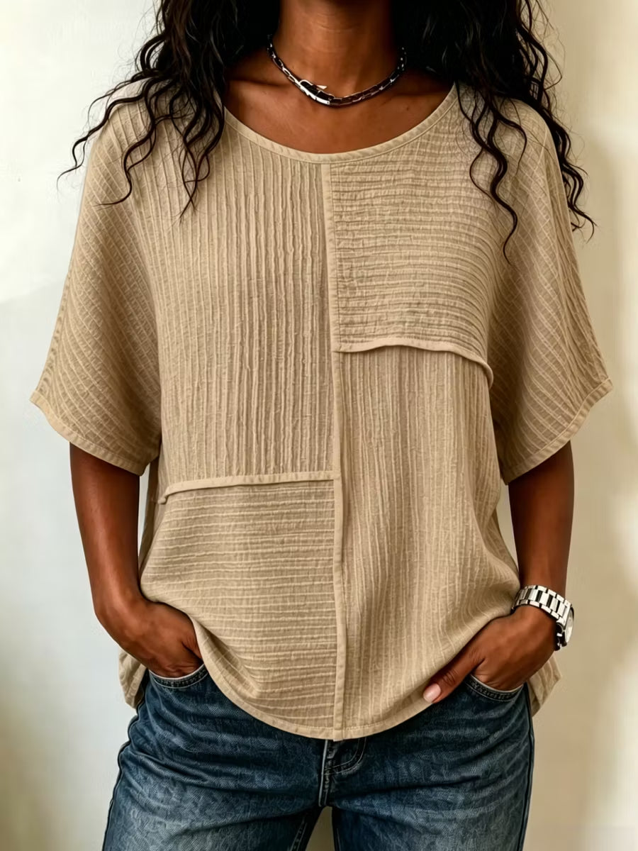 ⏰ LAST DAY SAVE 49%🔥 Women's Textured Patchwork Top with Round Neck and Short Sleeves
