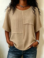 ⏰ LAST DAY SAVE 49%🔥 Women's Textured Patchwork Top with Round Neck and Short Sleeves