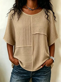 Women's Textured Patchwork Top with Round Neck and Short Sleeves
