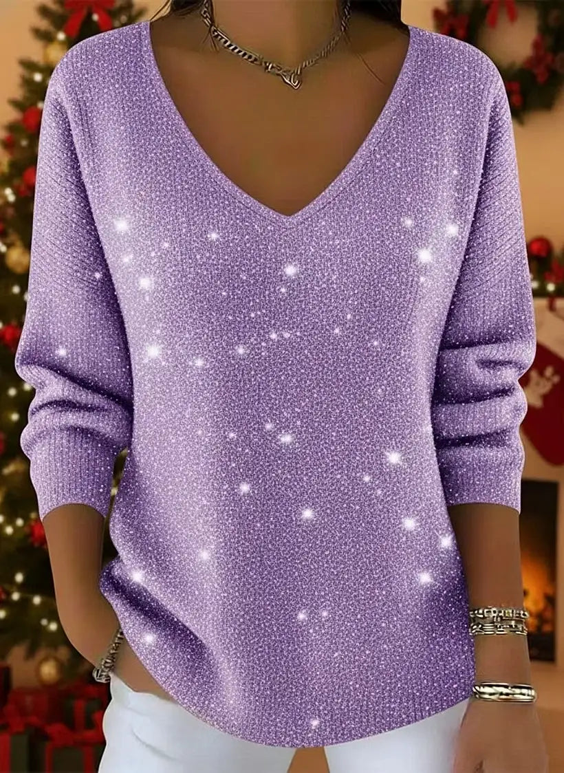 🎄 CLEARANCE SALE🔥 Women's V-neck Solid Color Loose Shiny Sweater