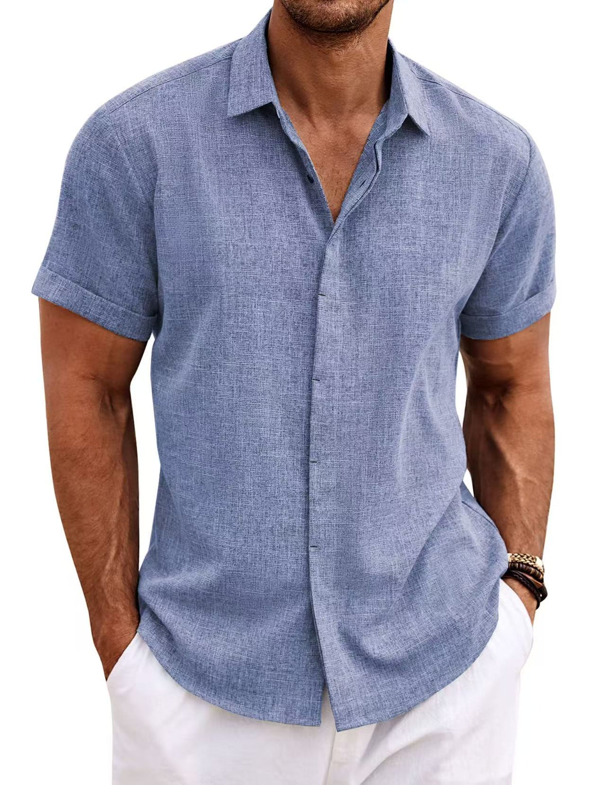 Men's Casual Short Sleeve Cotton Linen Shirt - Summer Beach Button-Down Shirt