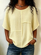 ⏰ LAST DAY SAVE 49%🔥 Women's Textured Patchwork Top with Round Neck and Short Sleeves