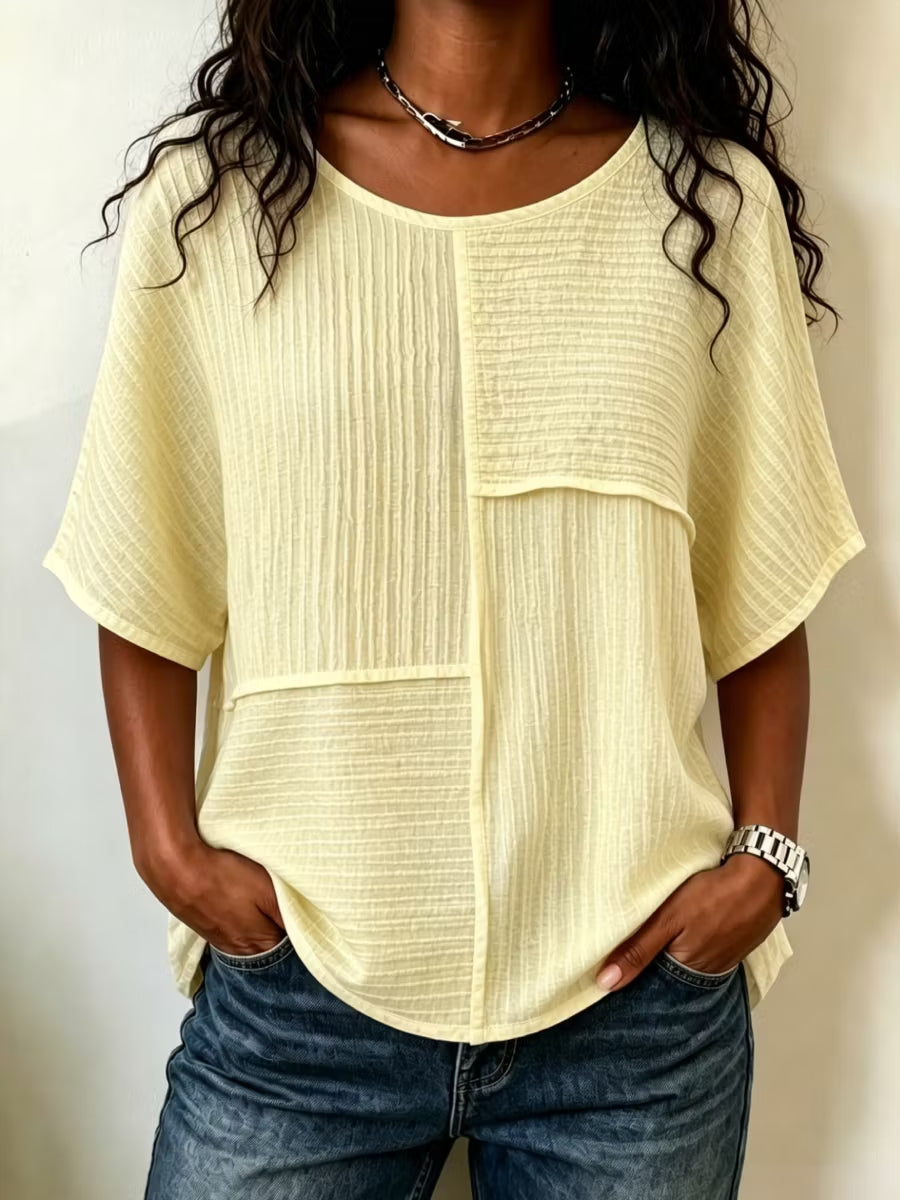 🔥 CLEARANCE SALE🔥 Women's Textured Patchwork Top with Round Neck and Short Sleeves