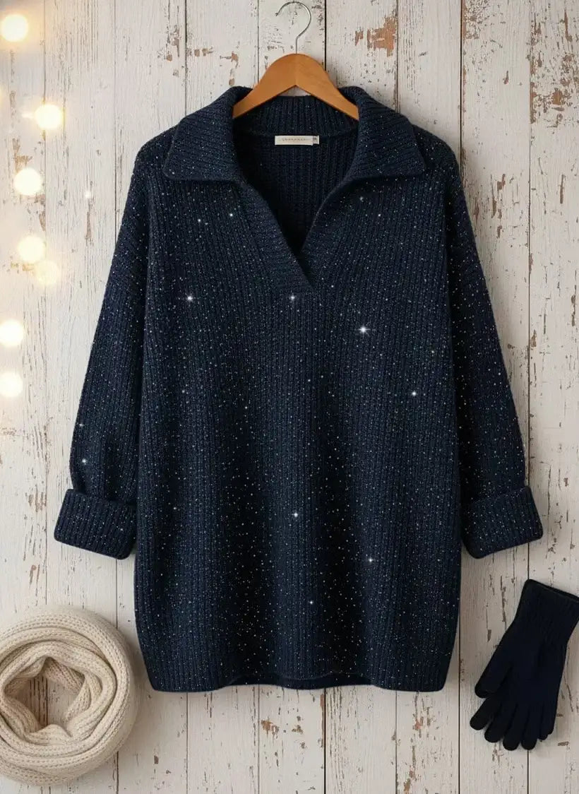 🎄 New Arrivals🔥 Christmas Party Polo Collar Shiny Loose Sweater Top