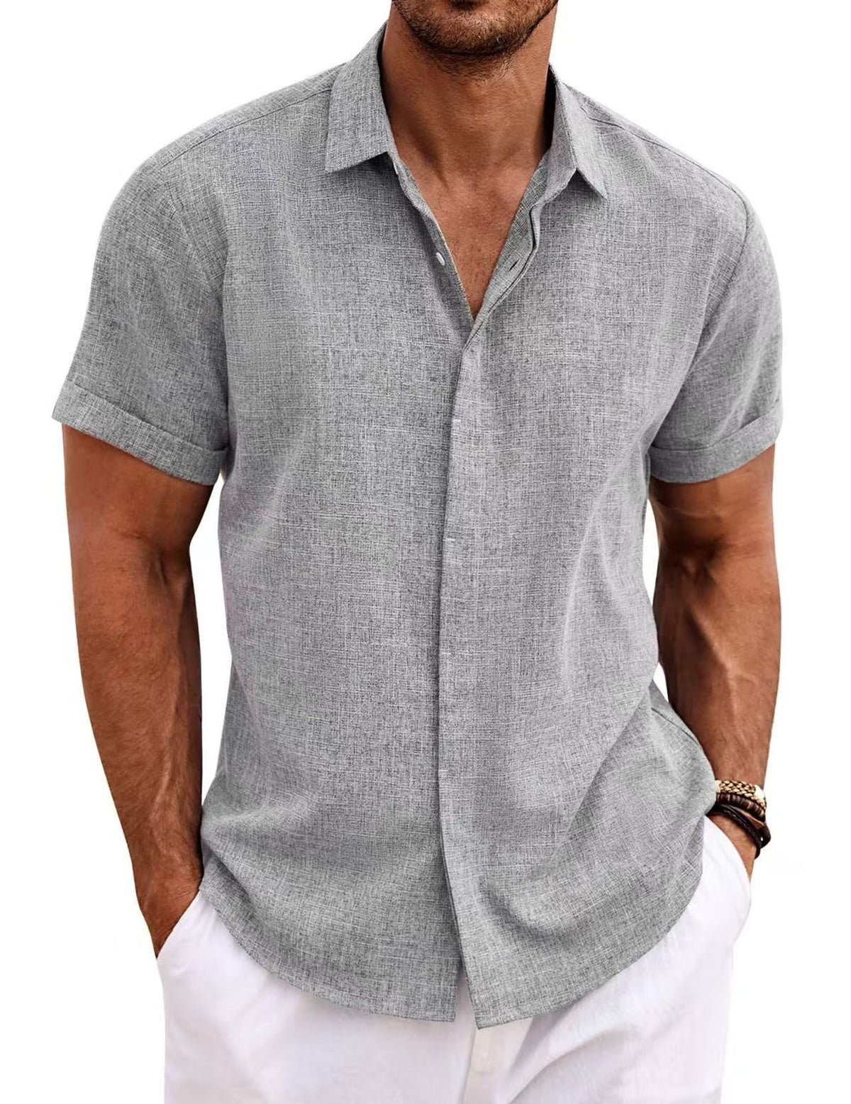 Men's Casual Short Sleeve Cotton Linen Shirt - Summer Beach Button-Down Shirt