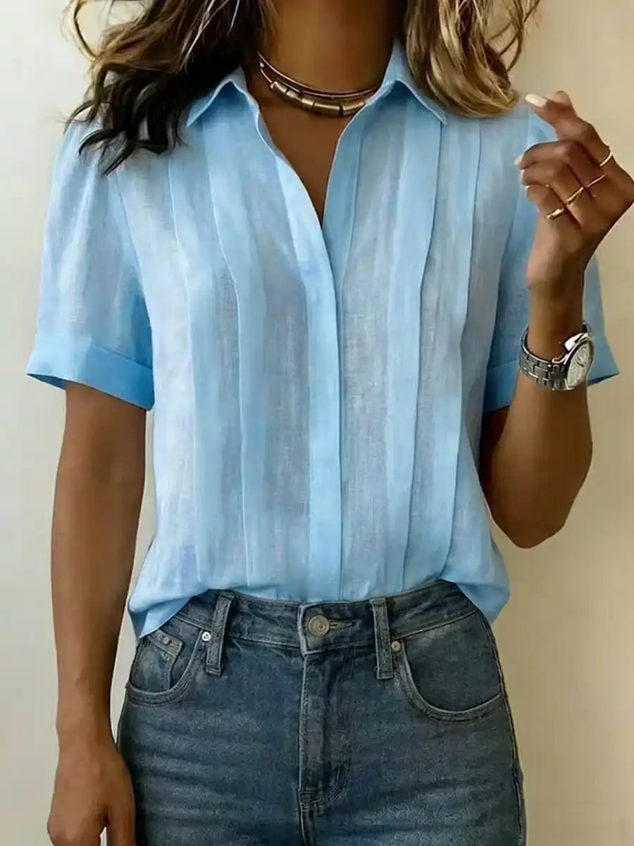 Women's Lapel Short-Sleeved Casual Loose Pleated Cotton and Linen Shirt