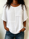 ⏰ LAST DAY SAVE 49%🔥 Women's Textured Patchwork Top with Round Neck and Short Sleeves