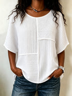 ⏰ LAST DAY SAVE 49%🔥 Women's Textured Patchwork Top with Round Neck and Short Sleeves