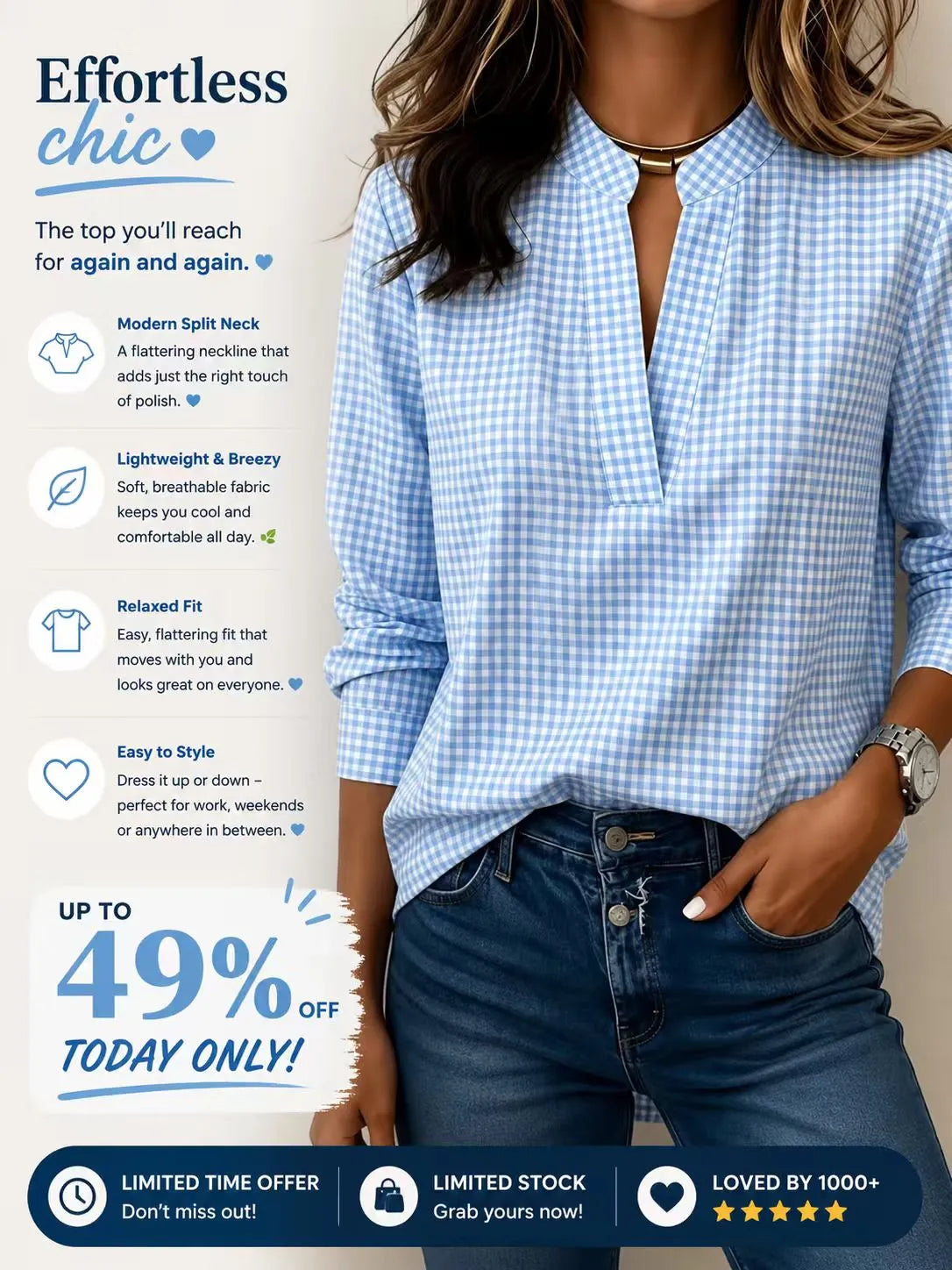 Today 49% Off🔥Women’s Classic Gingham Split V-Neck Blouse