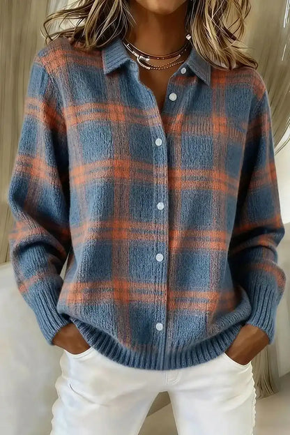Women's Plaid Print Casual Cotton Buttoned Cardigan Sweater