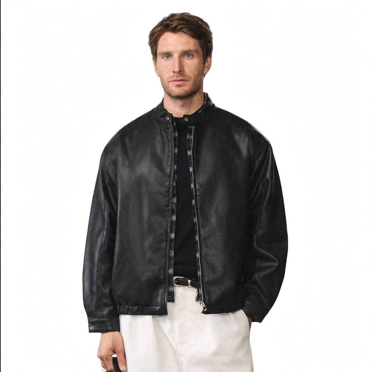 Men's black PU leather bomber jacket, front view