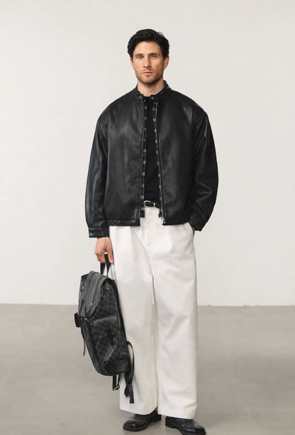 Men's black PU leather bomber jacket, full outfit