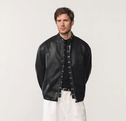 Men's black PU leather bomber jacket, worn open