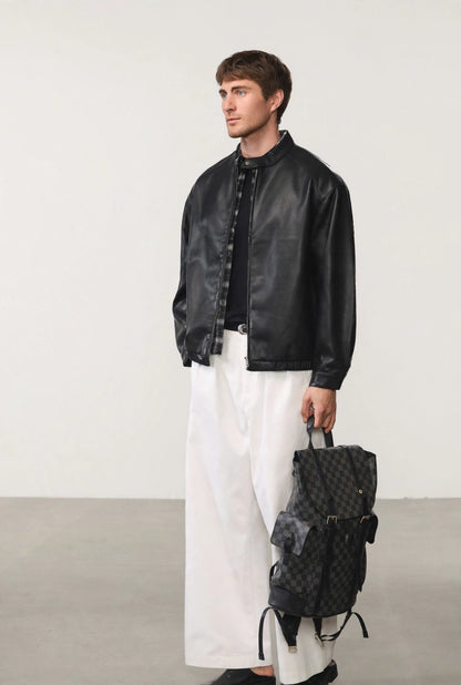 Men's black PU leather bomber jacket, side view
