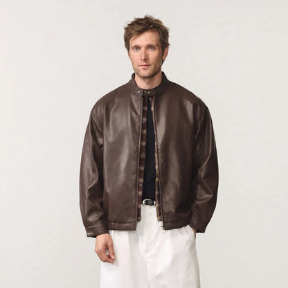 Men's brown PU leather bomber jacket, front view