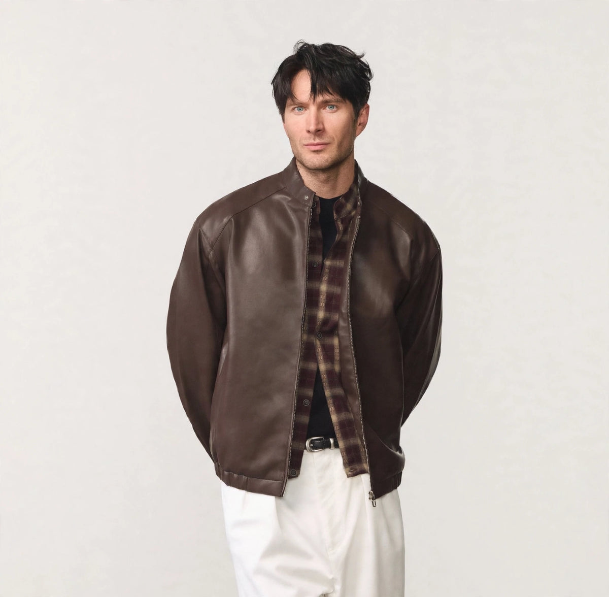 Men's brown PU leather bomber jacket, worn open