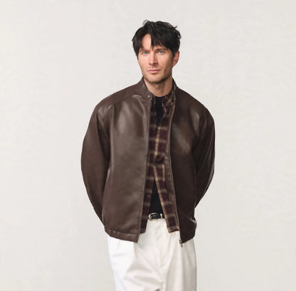 Men's brown PU leather bomber jacket, worn open