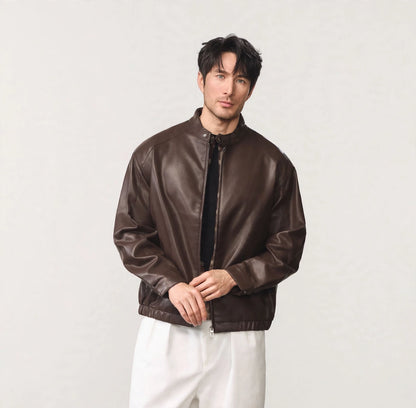 Men's brown PU leather bomber jacket, zipped front